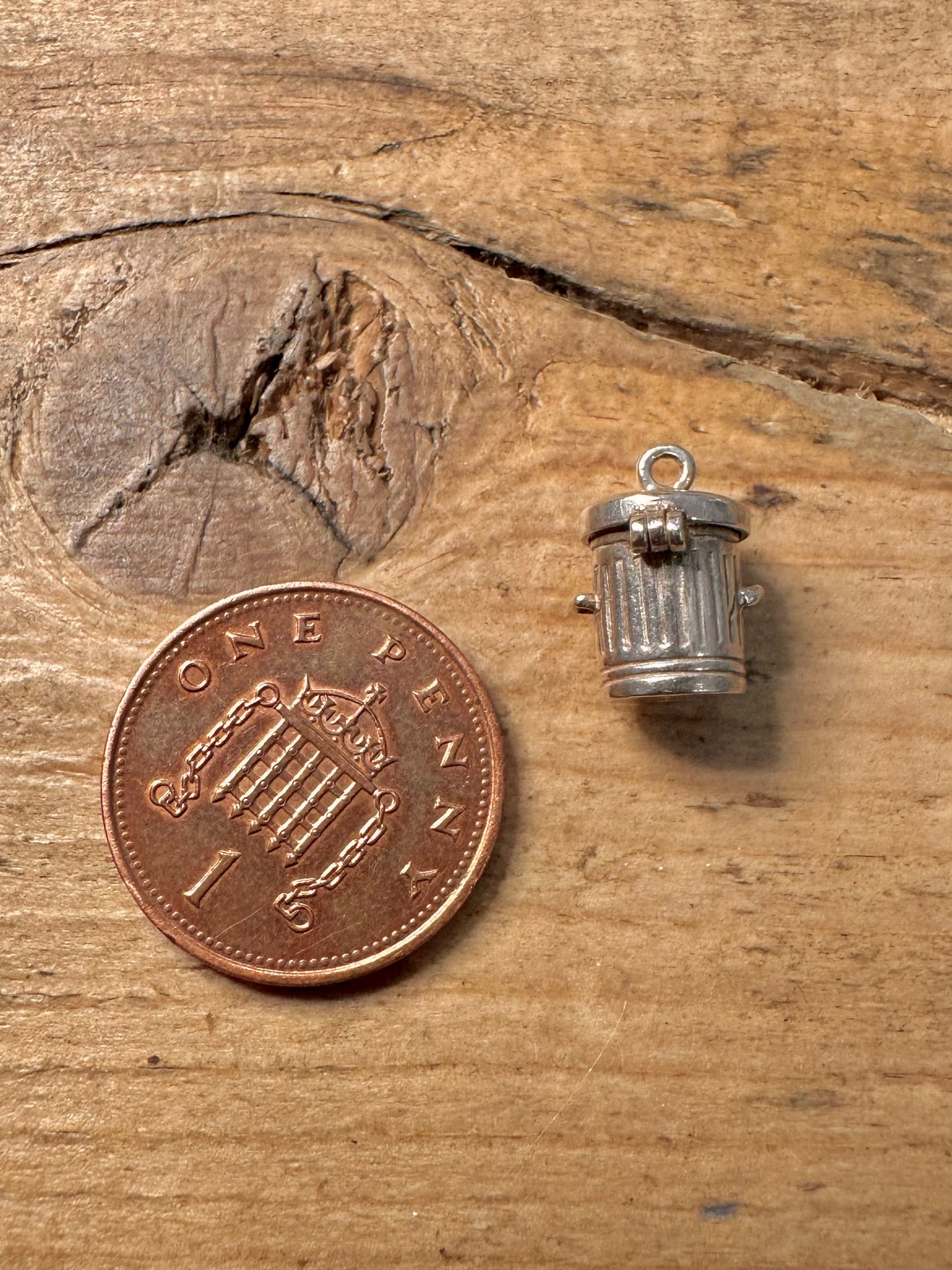 Vintage Bin with Cat Inside 925 Silver Charm Pendant