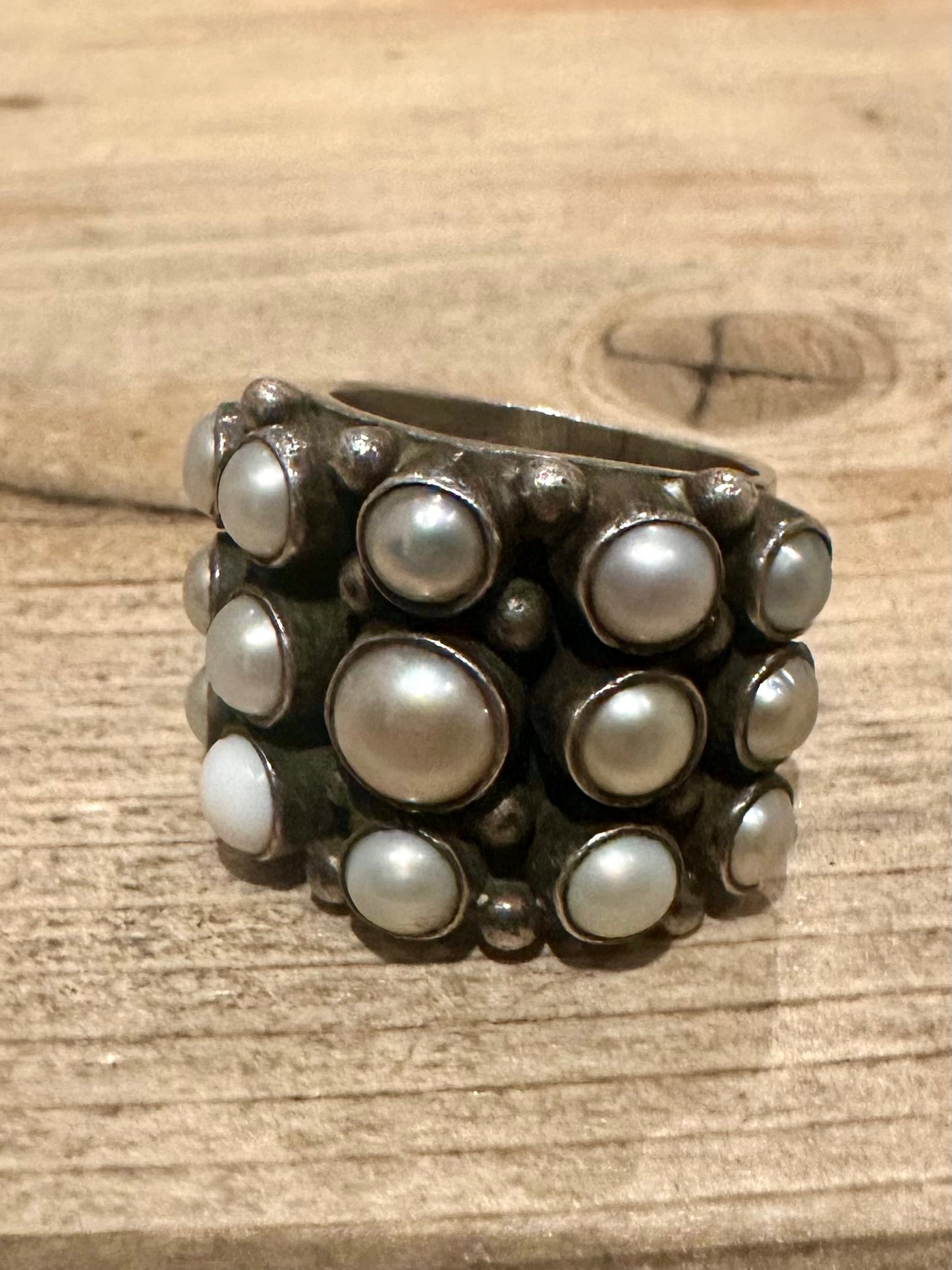 Abstract Chunky Pearl 925 Silver Size M Ring