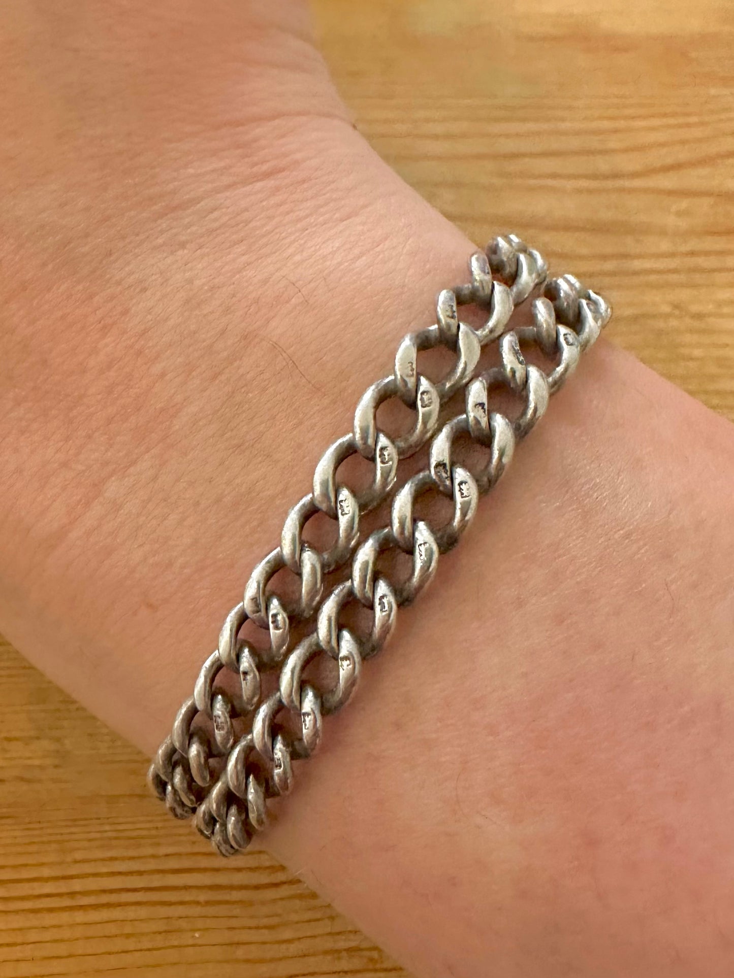 Vintage Double Curb Chain Heart Padlock 925 Silver Bracelet