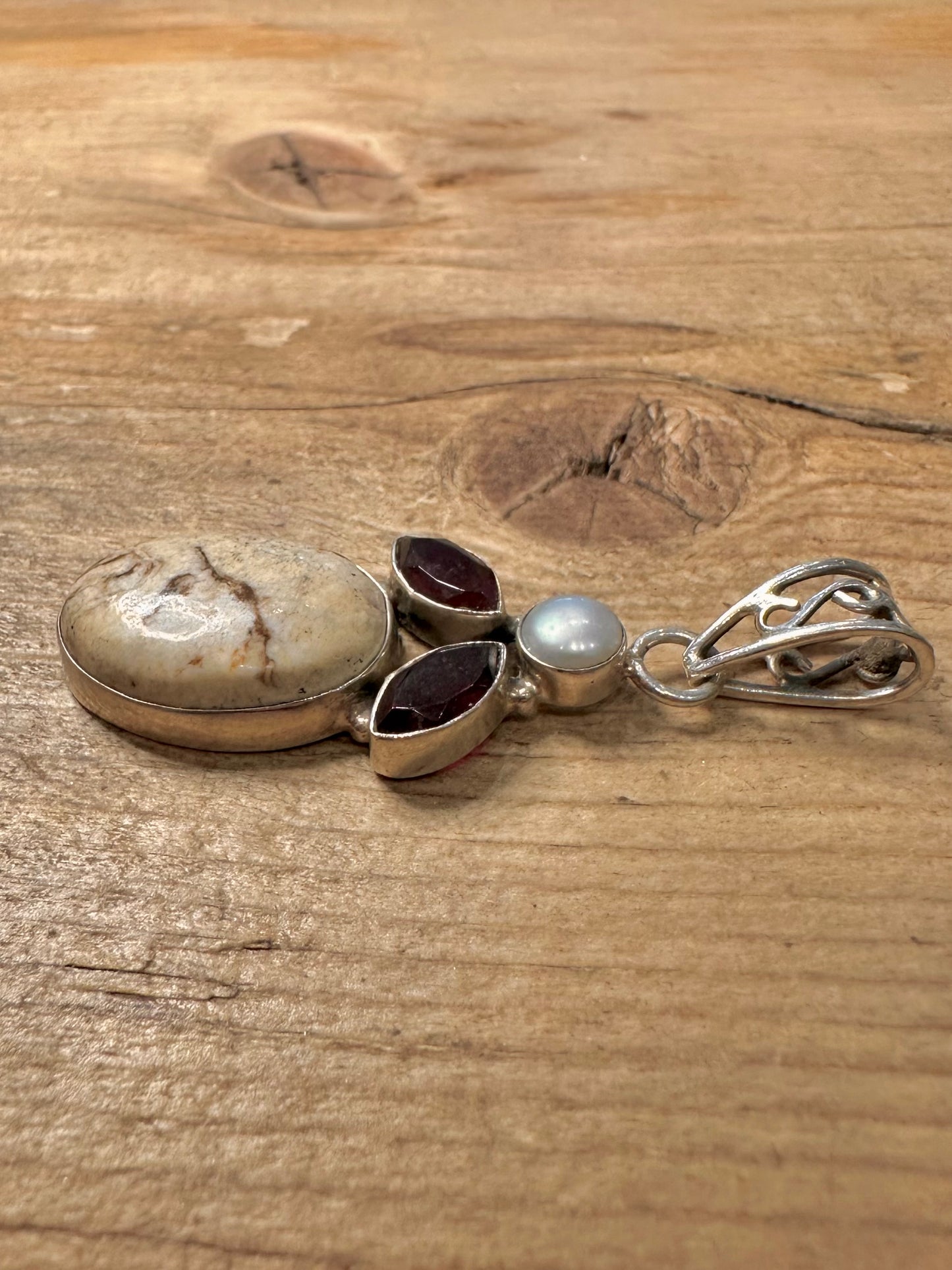 Vintage Agate Garnet and Pearl 925 Silver Pendant