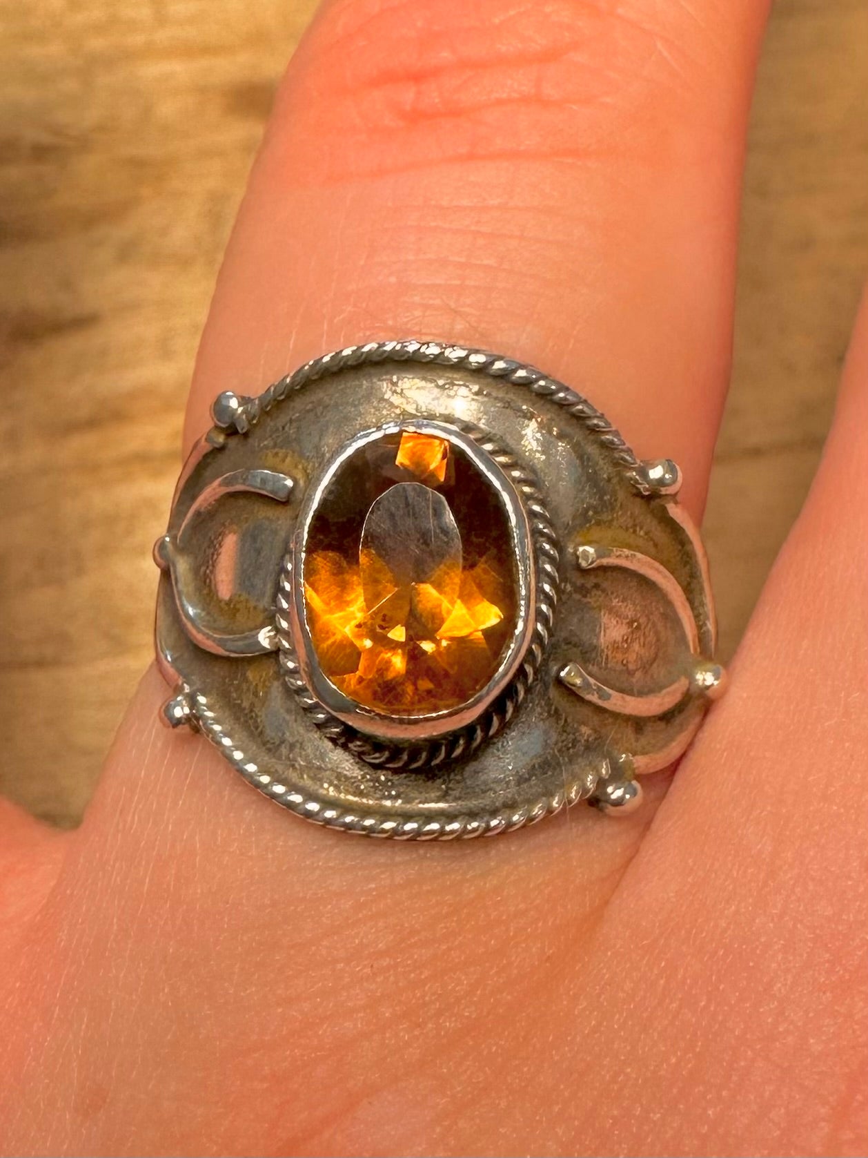 Vintage Citrine Boho 925 Silver Size S Ring