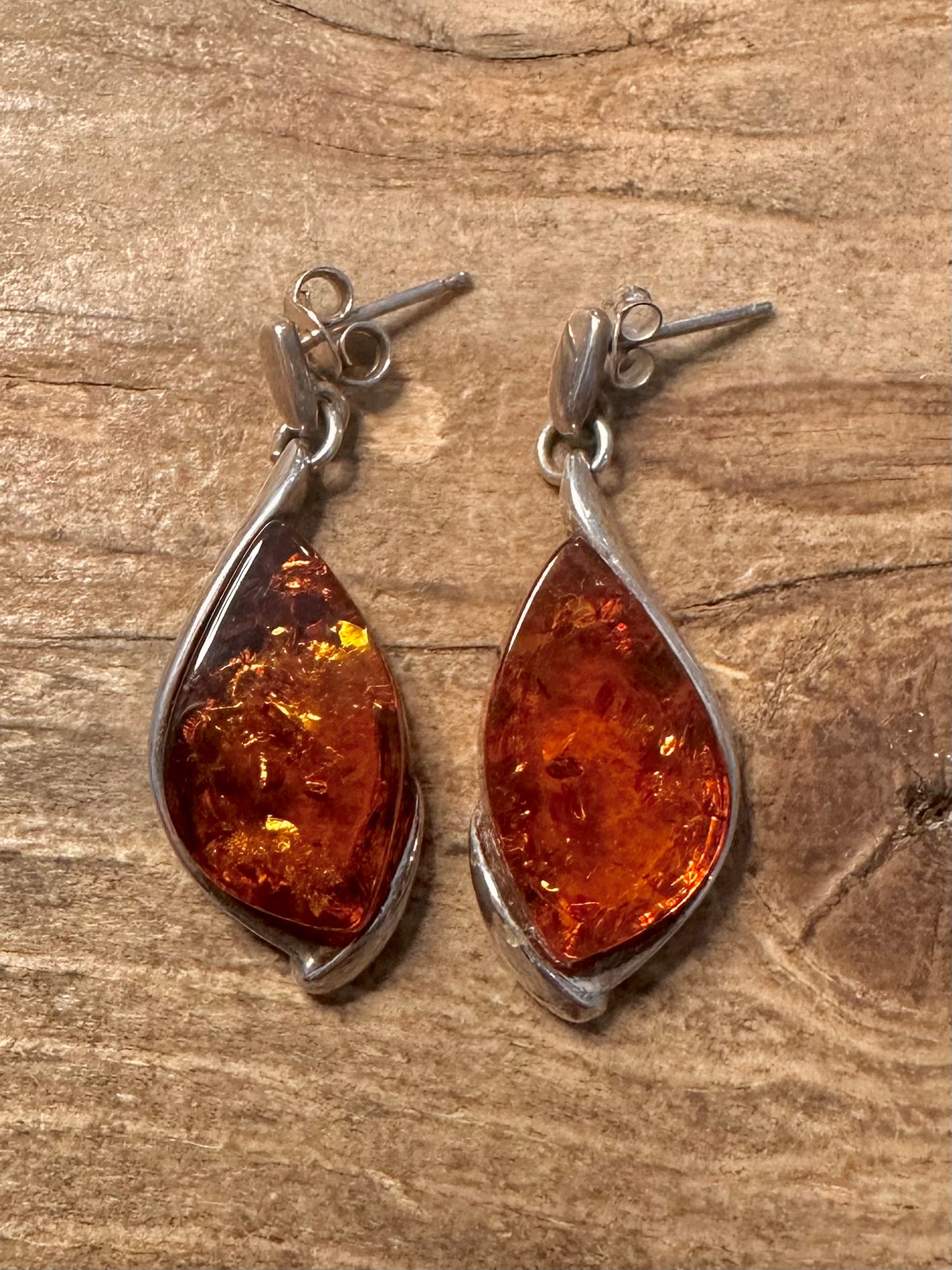 Vintage Amber Dangle 925 Silver Earrings