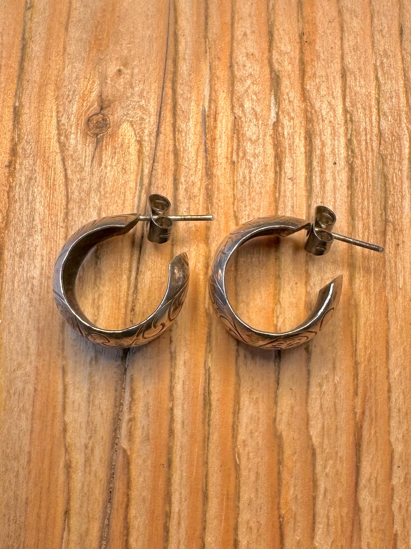 Vintage Floral Chunky Half Hoops 925 Sterling Silver Earrings