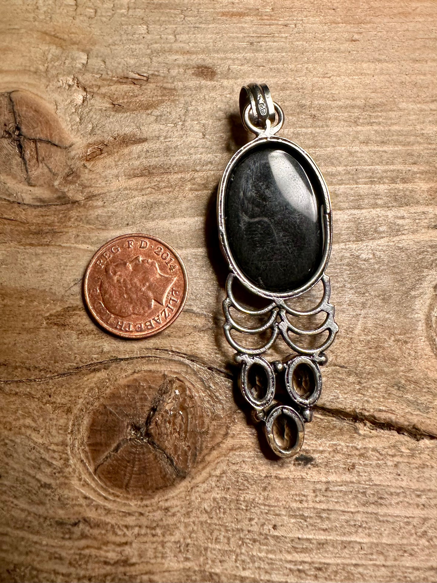 Vintage Black Oval and Smokey Quarts 925 Silver Pendant