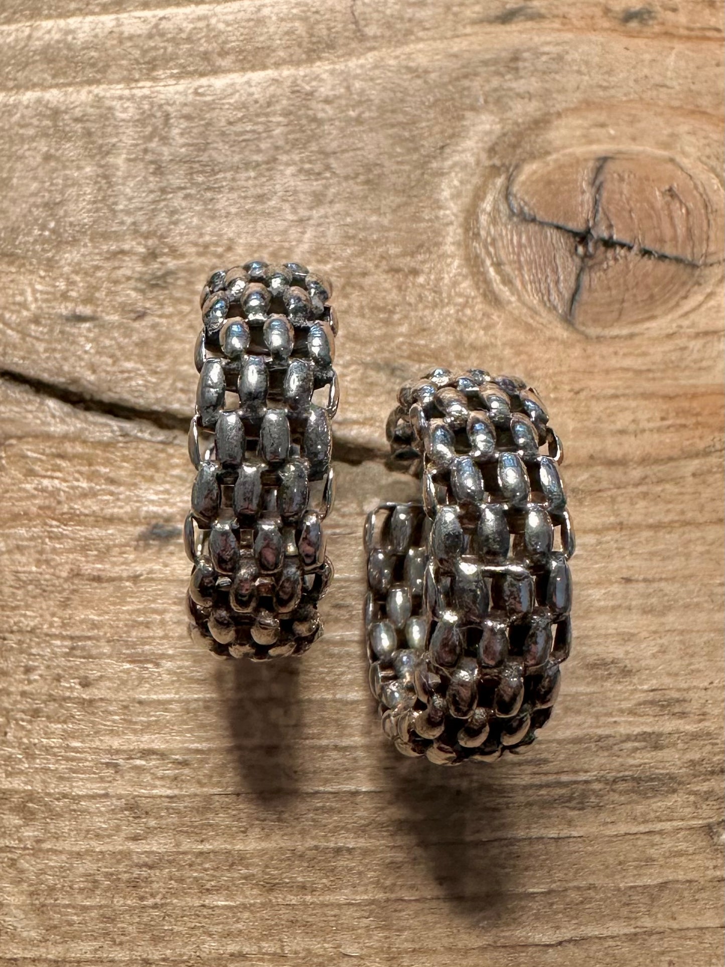 Vintage Woven Link Hoops 925 Silver Earrings