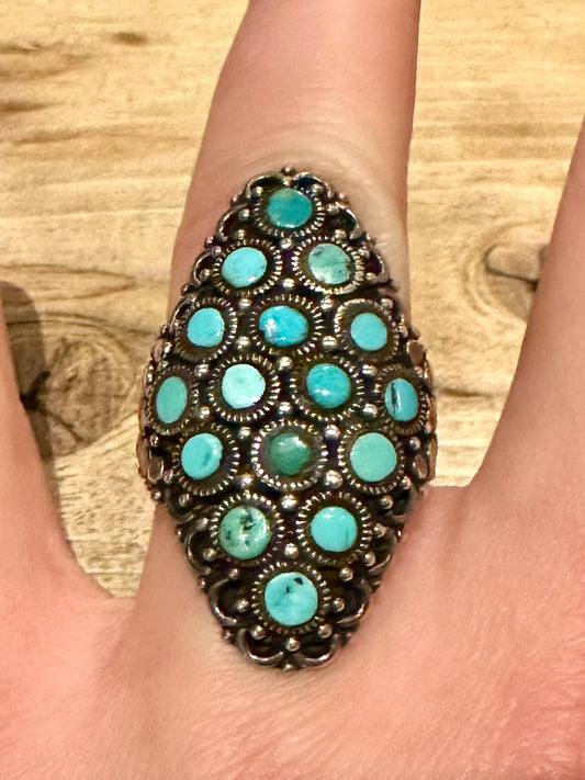 Vintage Ornate Large Turquoise 925 Silver Size O Ring