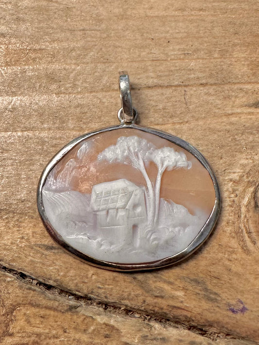 Vintage Hand Caved House Scene Cameo 925 Silver Pendant