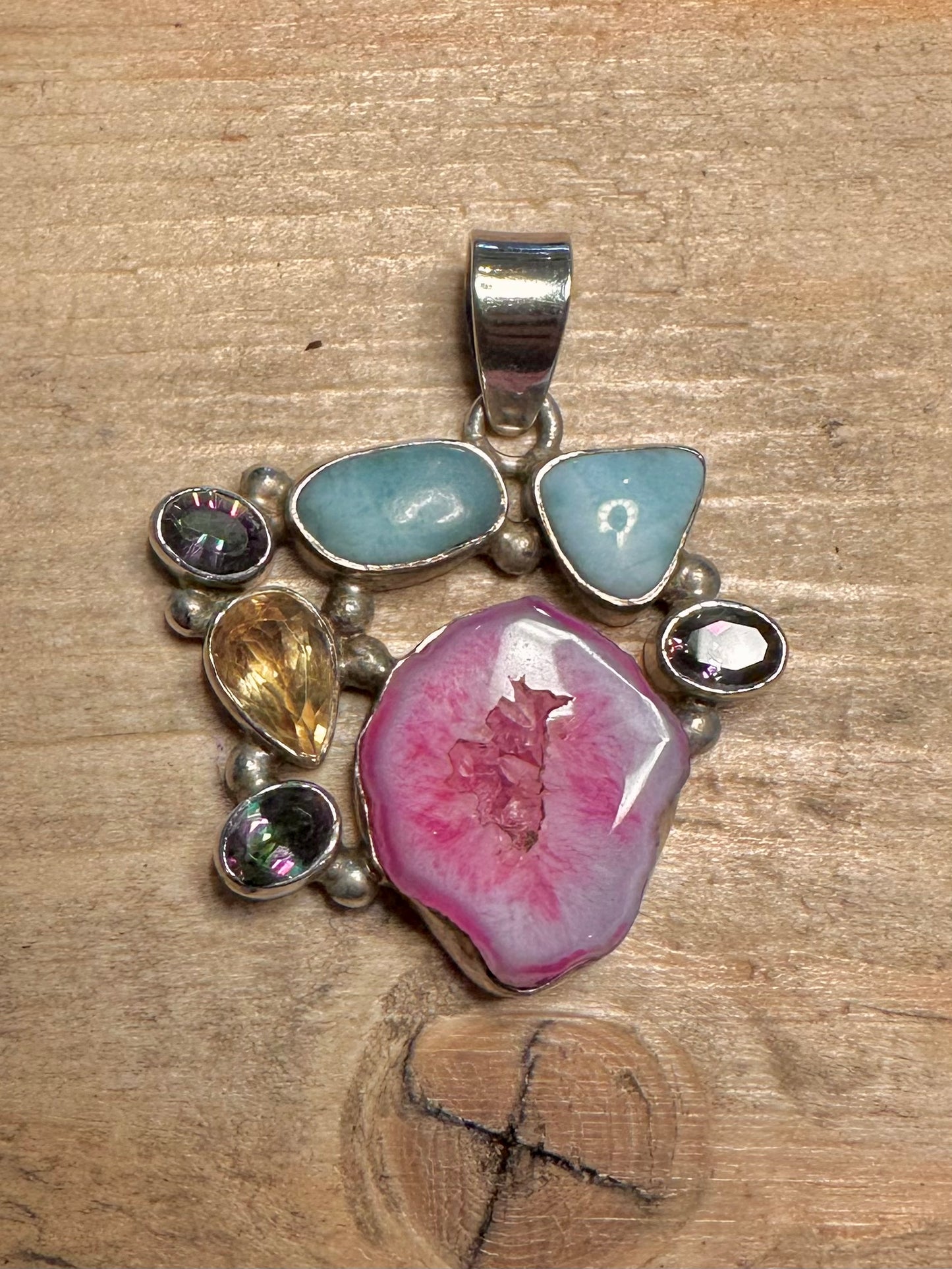 Abstract Druzy Larimar Citrine Mystic Topaz 925 Silver Pendant