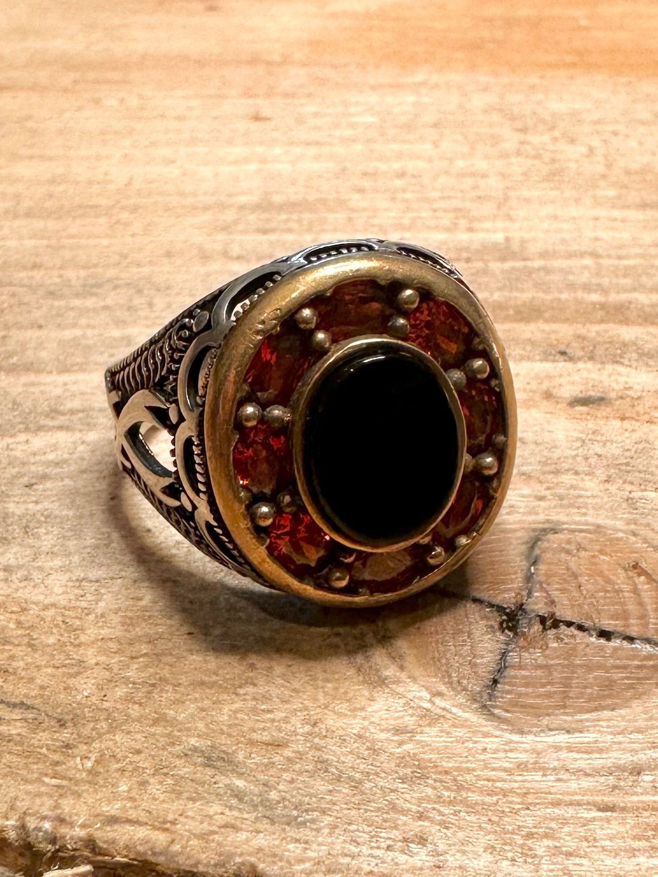 Vintage Garnet and Black Stone Middle Eastern 925 Silver Size T Ring