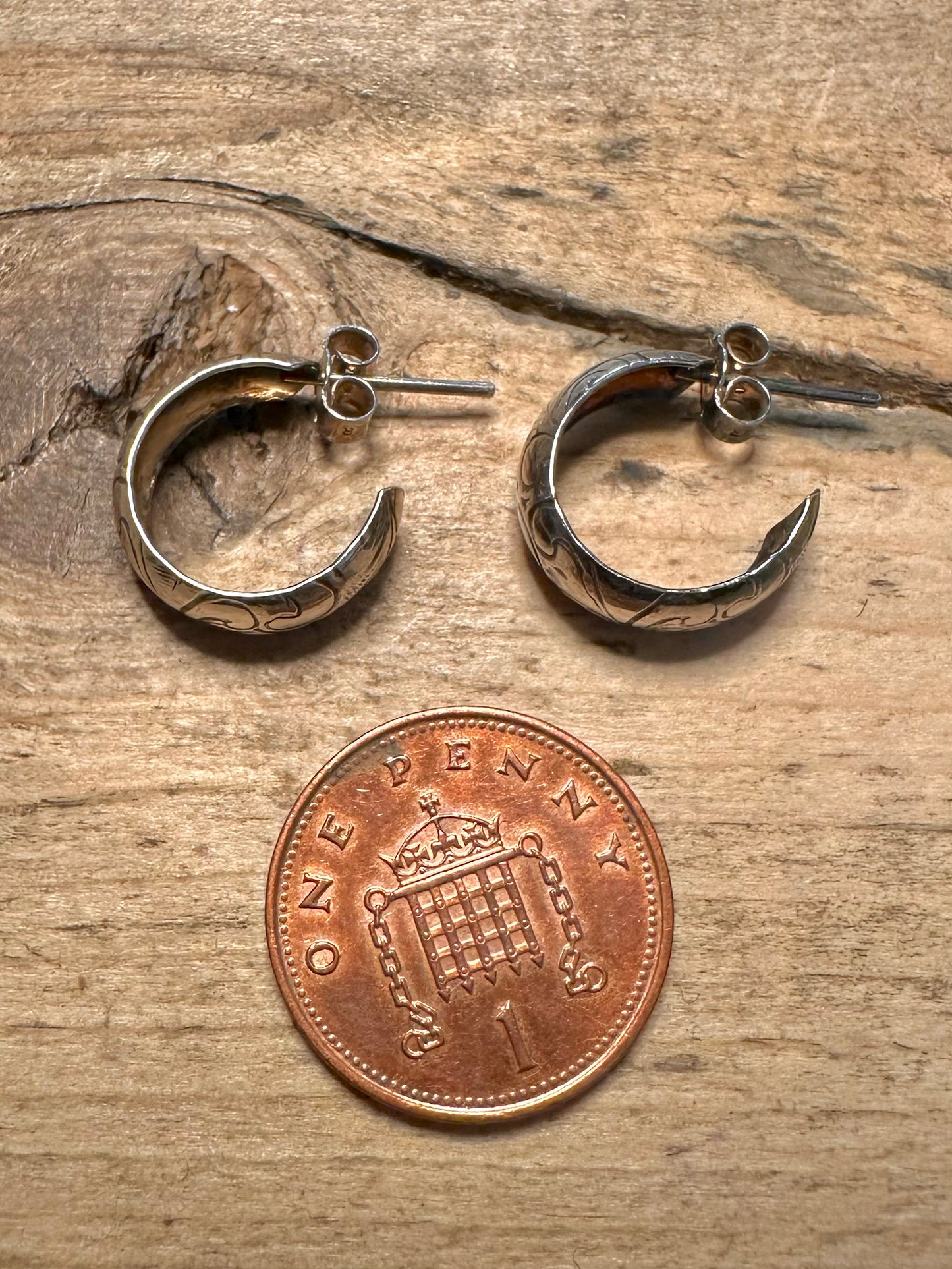 Vintage Engraved Half Hoops 925 Silver Earrings