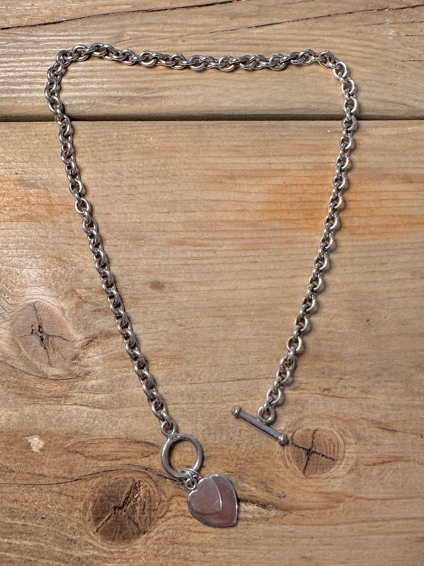 Vintage Belcher Double Heart T Bar Clasp 925 Silver 15.5 inch Necklace