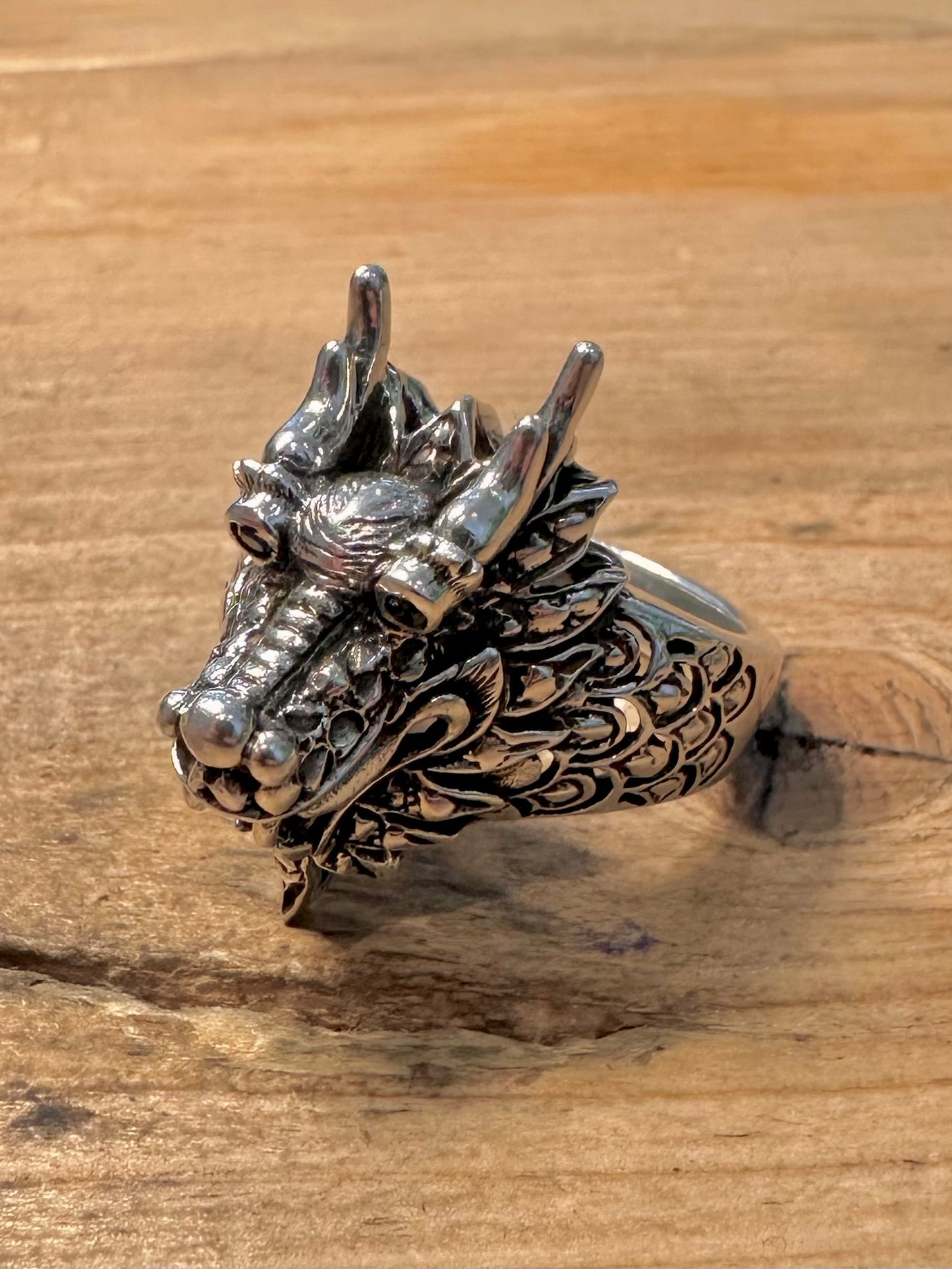 Vintage Dragon Head Black Stone Eye 925 Silver Size Y Ring