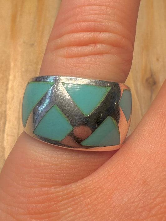 Modernist Turquoise Inlay 925 Silver Size O1/2 Ring