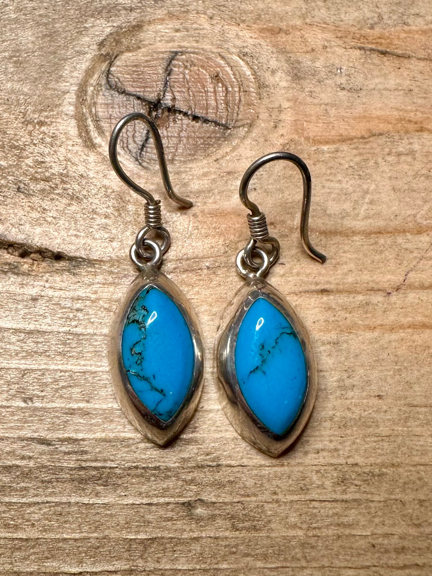 Vintage Blue Polished Turquoise 925 Silver Mexico Earrings