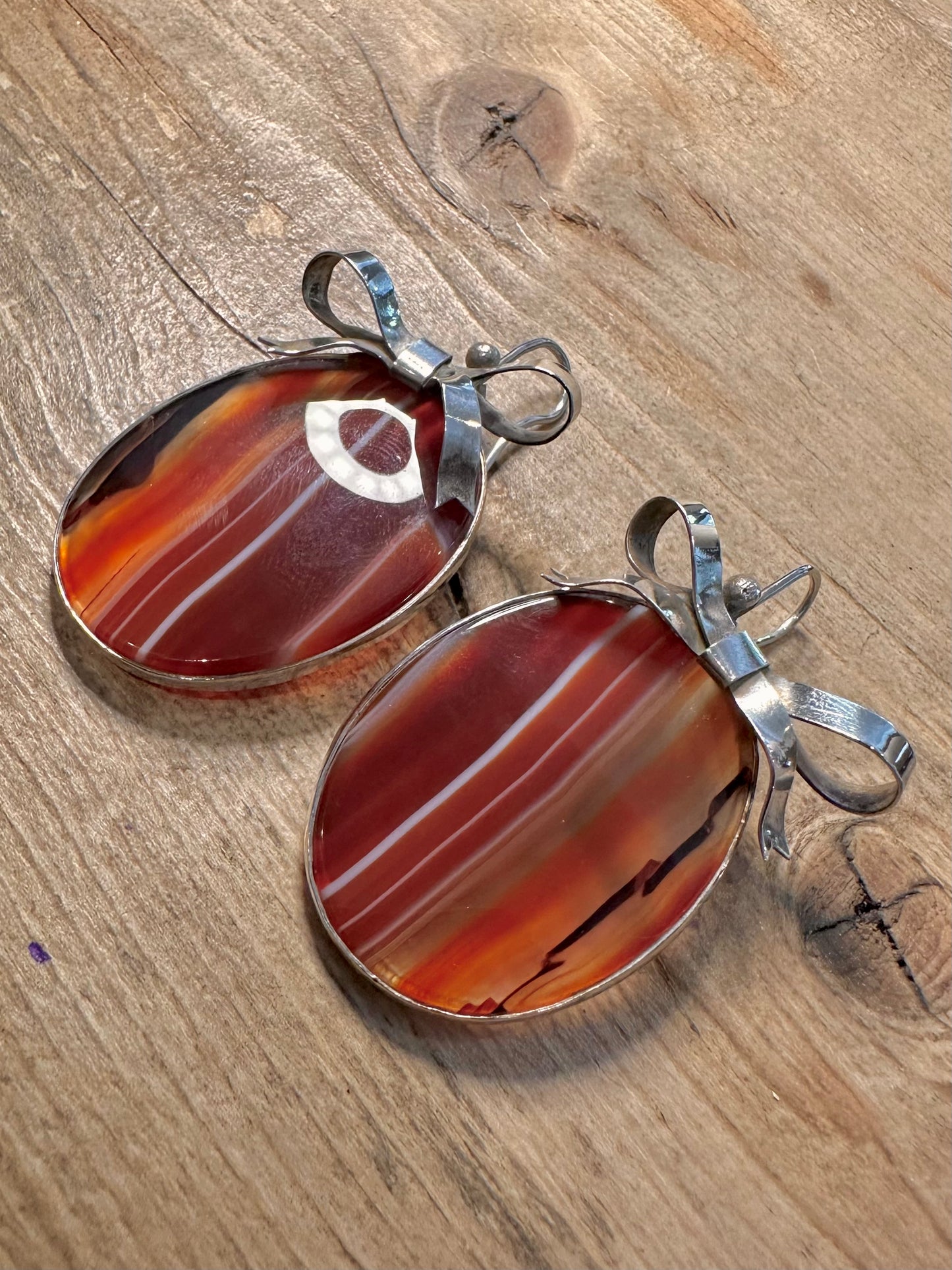Vintage 1988 Large Banded Agate Bow 925 Silver Earrings