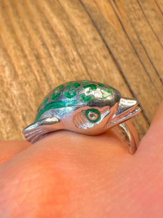 Dolphin Green Enamel Wrap Around 925 Sterling Silver Size O1/2 Ring