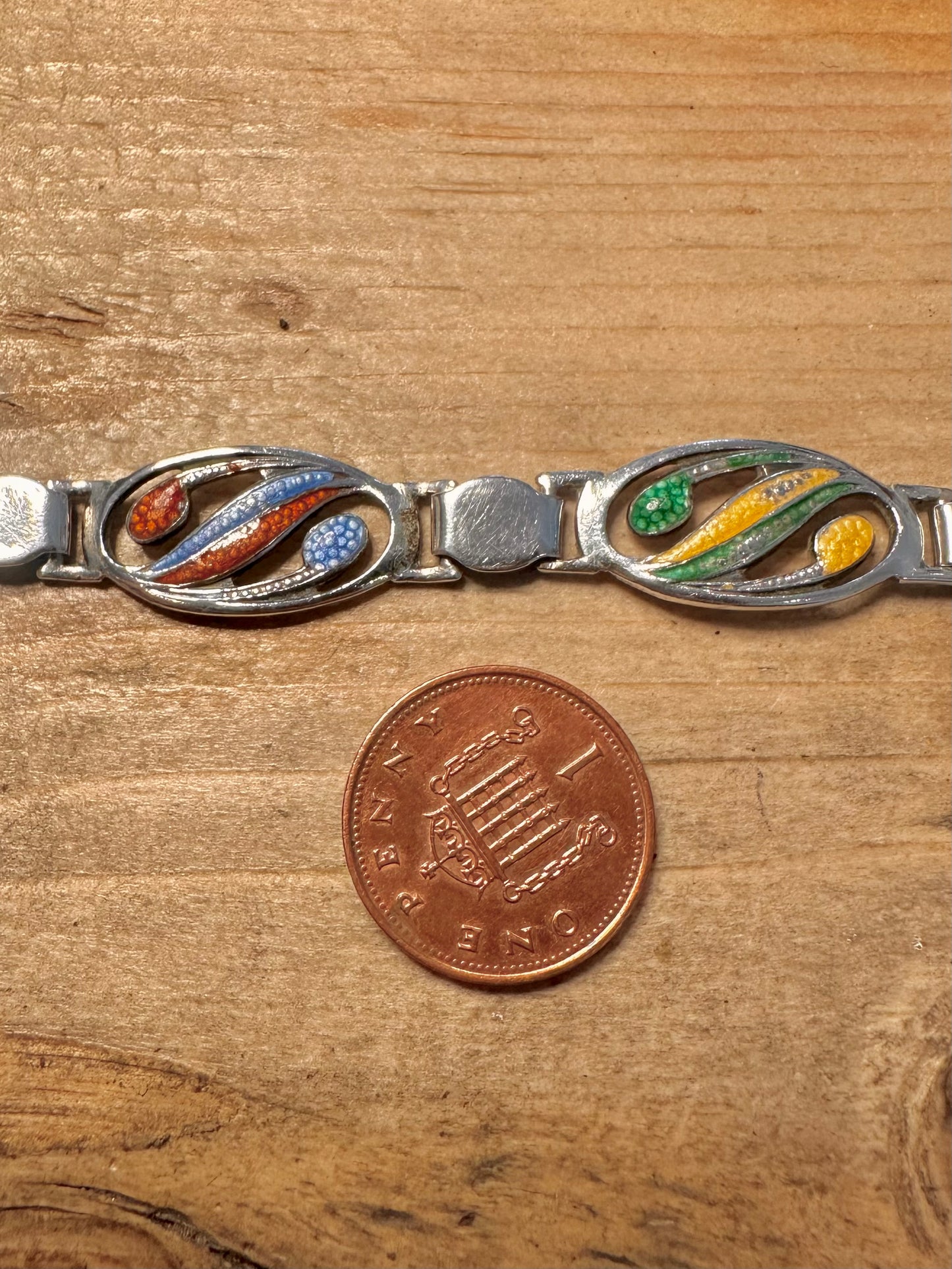 Antique 1908 Enamel Painted 925 Silver Birmingham 6.5 inch Bracelet
