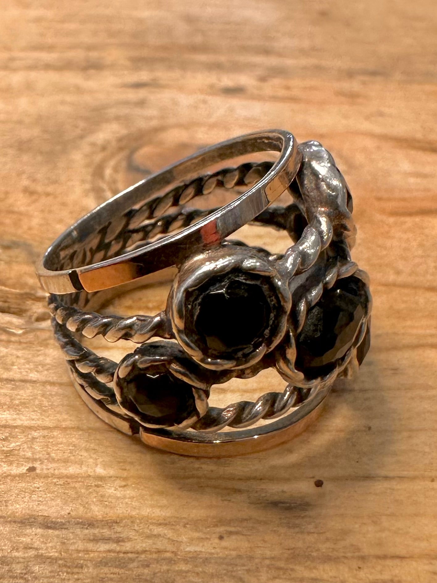 Vintage Black Stone Twisted Layer Gold and 925 Silver Size M1/2 Ring