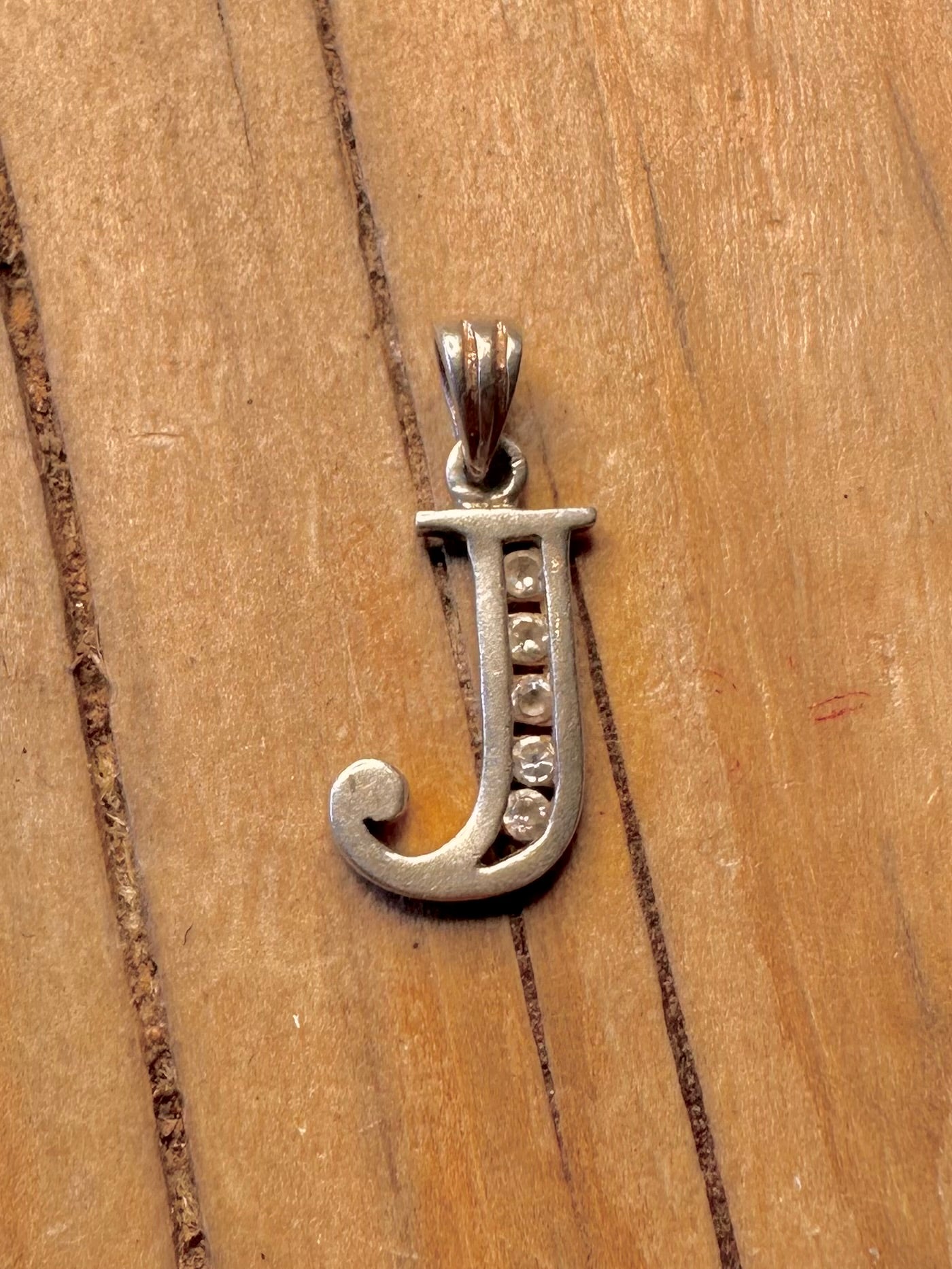 Vintage J Letter CZ Stone 925 Silver Pendant