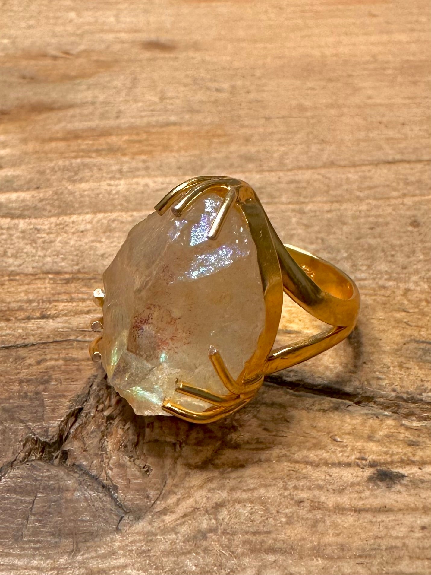 Abstract Raw Crystal Gold on 925 Silver Size L Ring