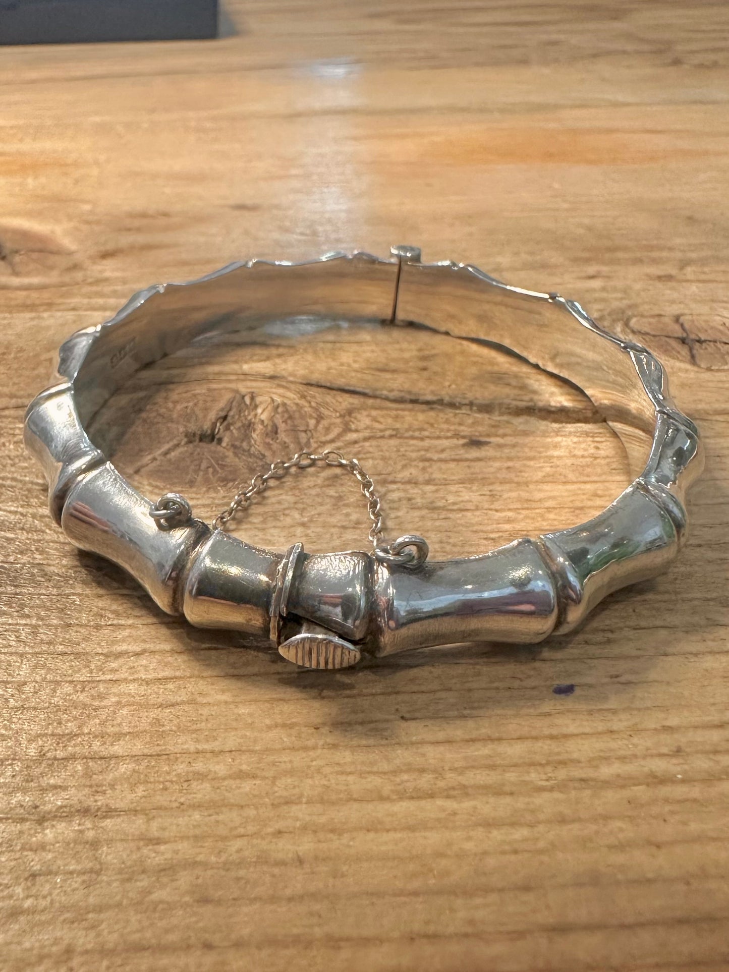 Vintage 1963 Bamboo Style with Safety Chain 925 Silver Bangle