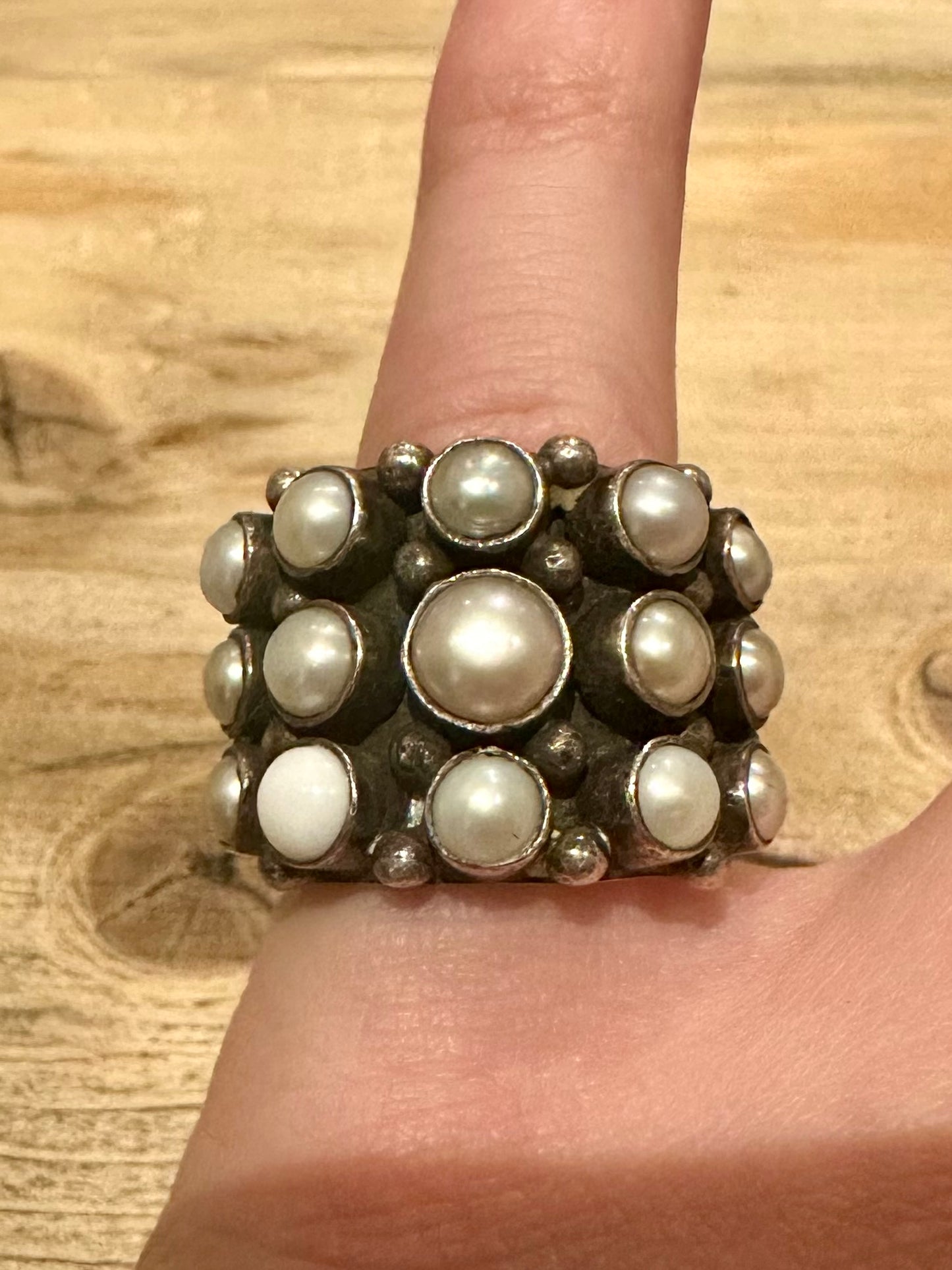 Abstract Chunky Pearl 925 Silver Size M Ring