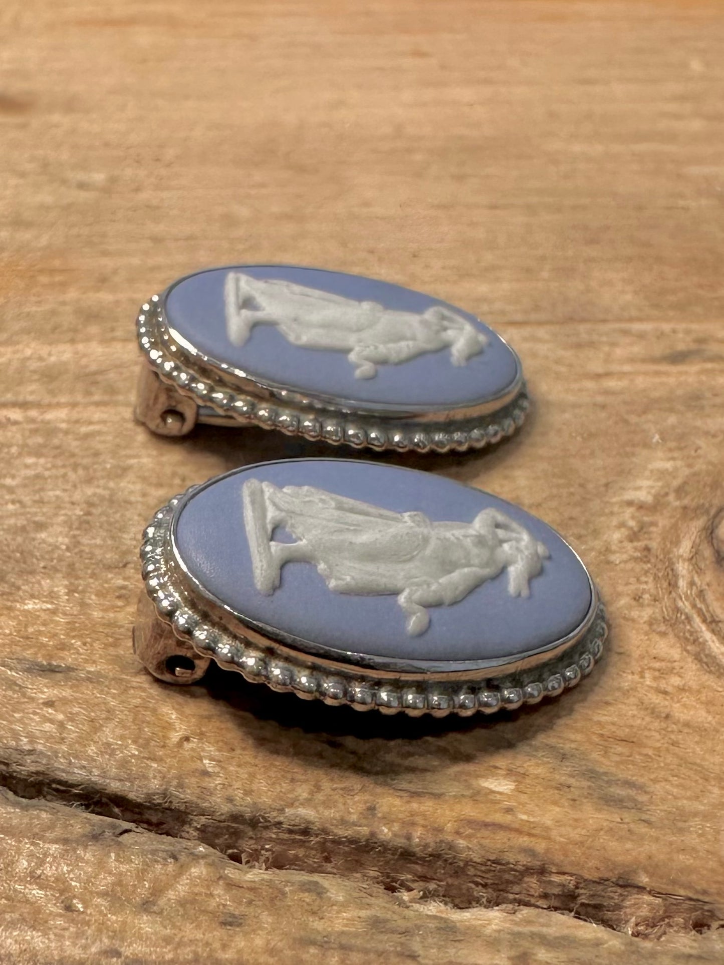 Vintage 1978 Blue Wedgwood Cameo Clip on 925 Silver Earrings