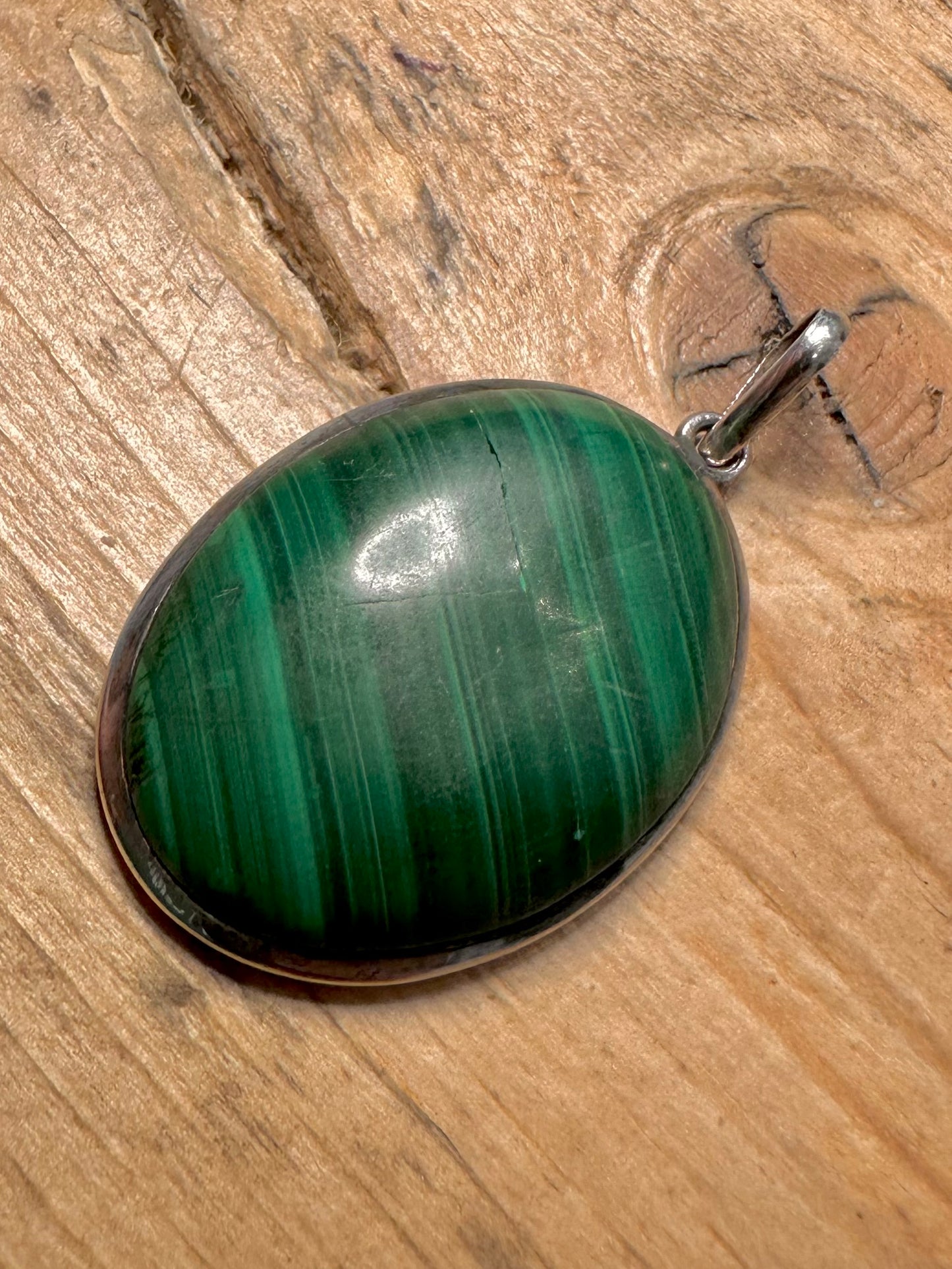 Vintage Malachite Oval 925 Silver Pendant