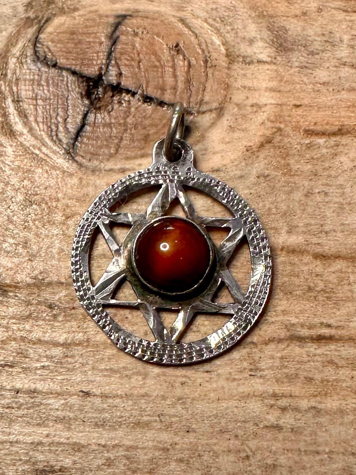Vintage Pentacle Dark Red Stone 925 Silver Pendant