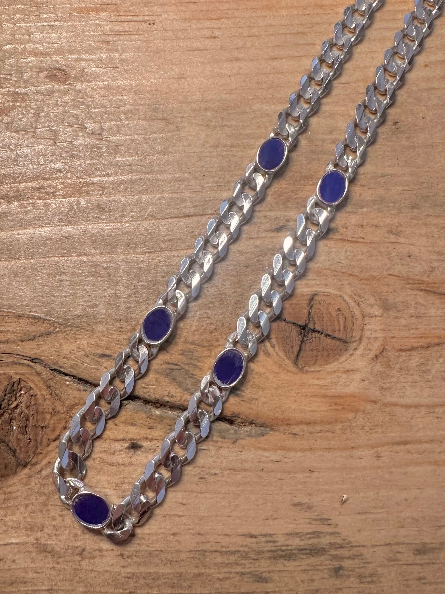 Vintage Curb Chain and Lapis Link 925 Silver 17.3 inch Necklace