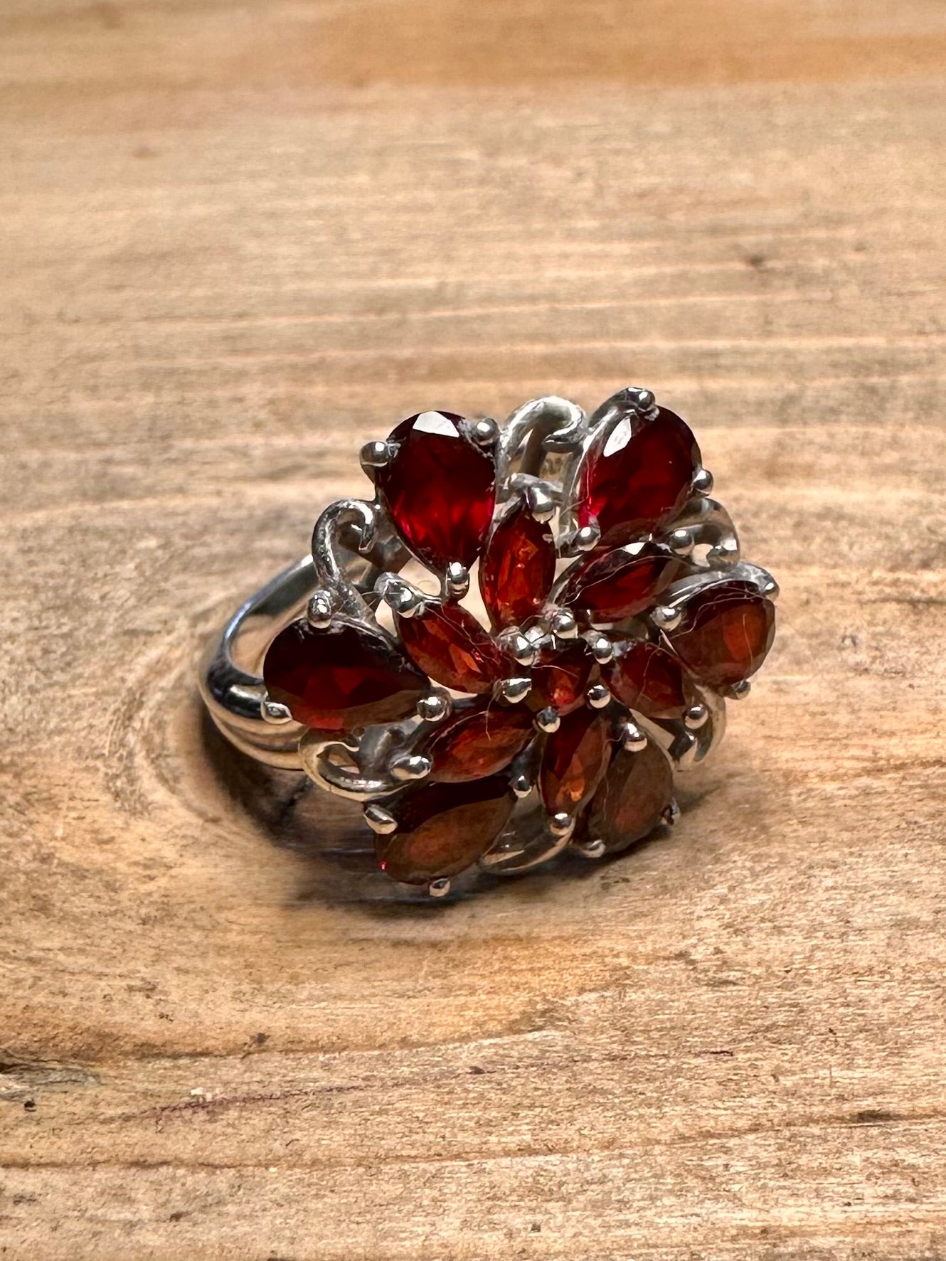 Vintage Garnet Flower 925 Silver Size O Ring