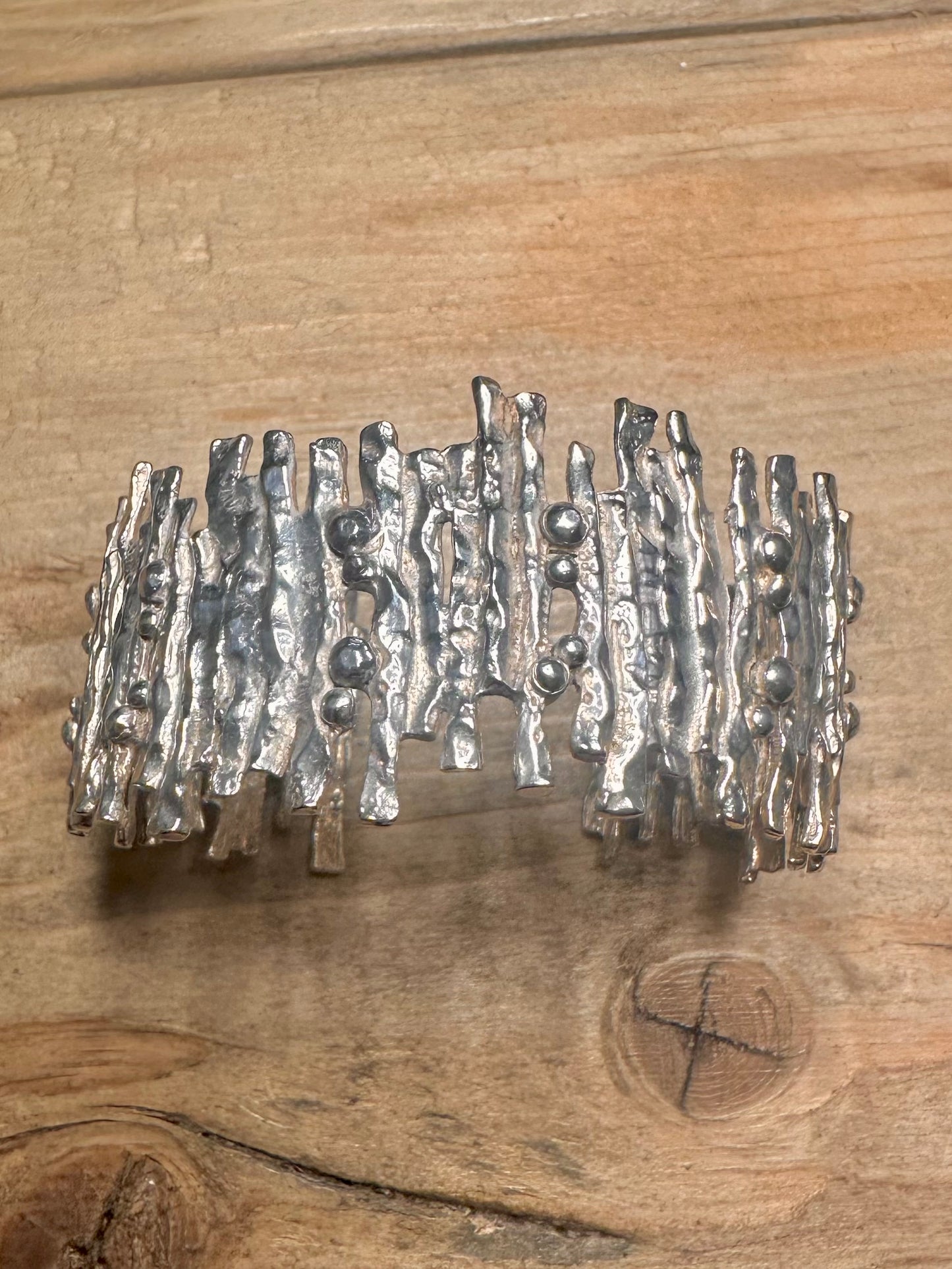 Abstract Brutalist 2007 Textured 925 Silver Cuff Bangle