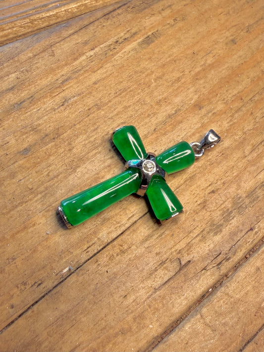 Modern Green Polished Jade White CZ Cross 925 Sterling Silver Pendant