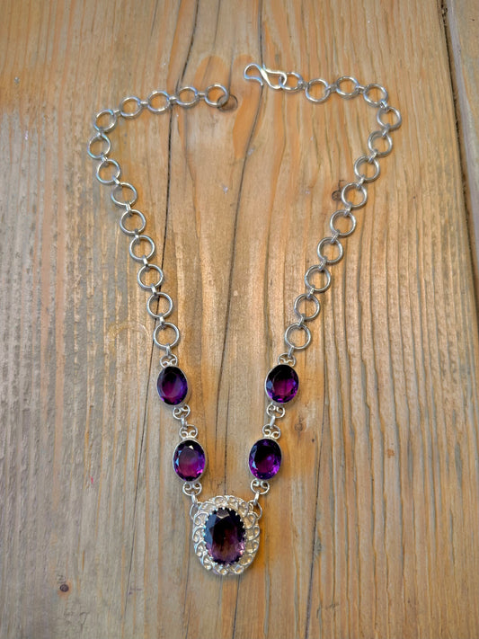 Amethyst Oval Faceted Circle Link 925 Sterling Silver 18.5 Inch Necklace