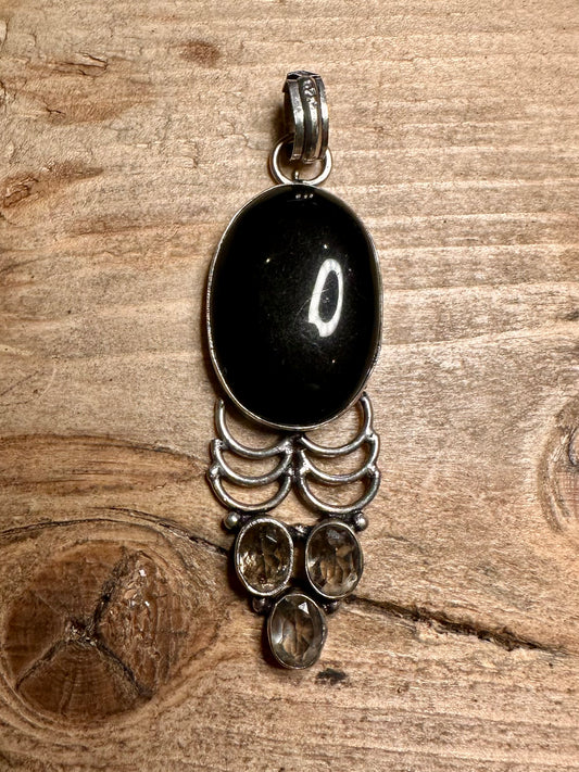 Vintage Black Oval and Smokey Quarts 925 Silver Pendant