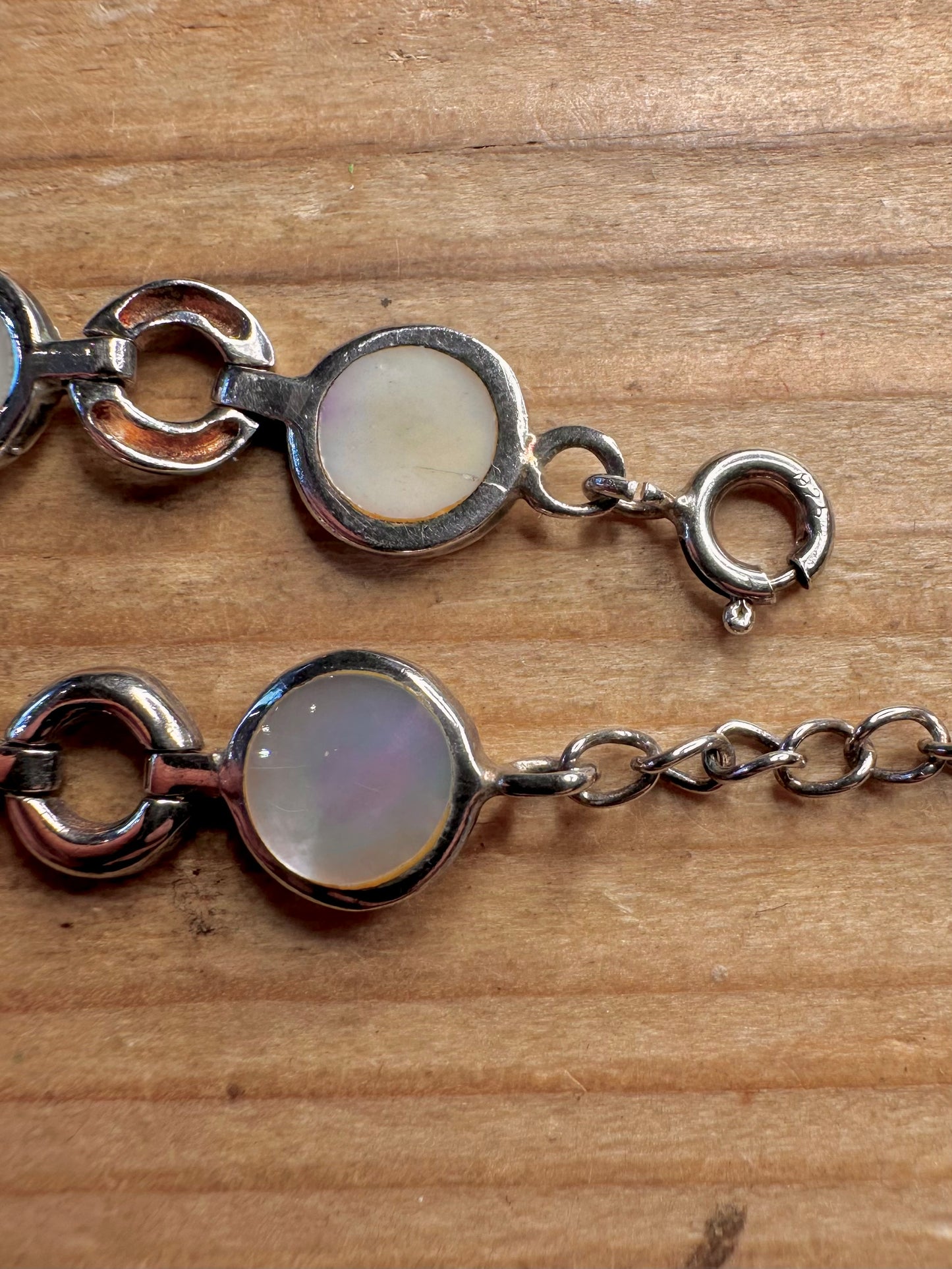 Vintage Mother of Pearl Circle Link 925 Sterling Silver 7.8 inch Bracelet