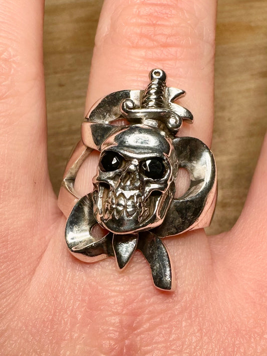 Vintage Skull and Sword with Black Stone 925 Silver Size W1/2 Ring