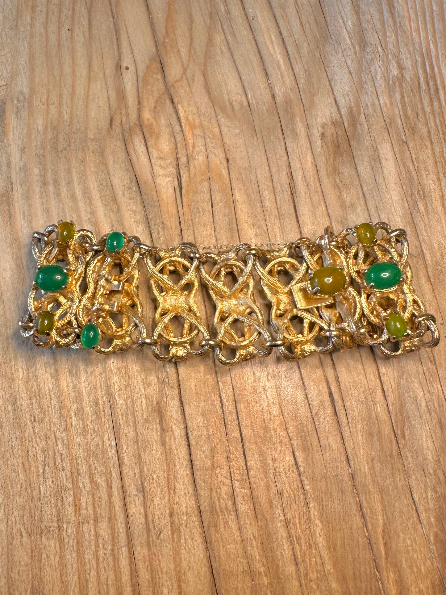 Modernist Abstract Textured Green Stone with Safety Chain 7 inch Gold Plate Costume Bracelet