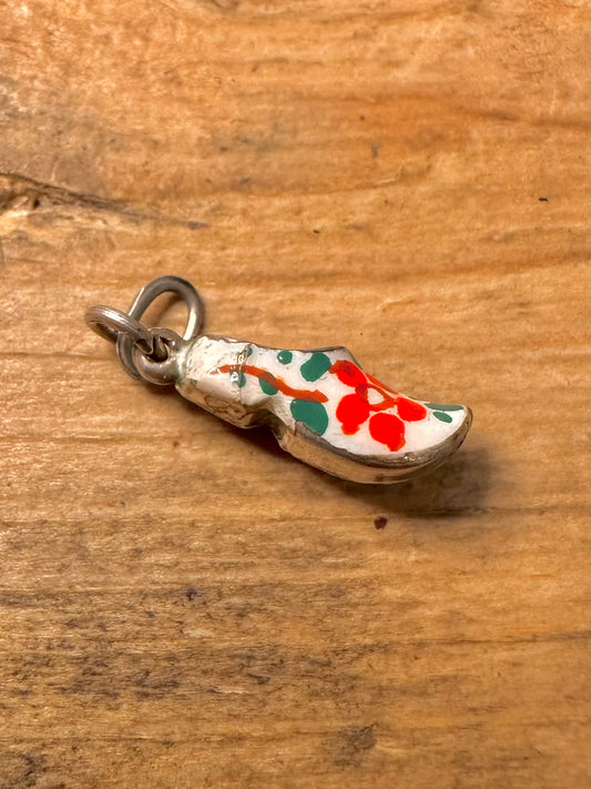 Vintage Enamel Painted Clog 925 Silver Charm Pendant