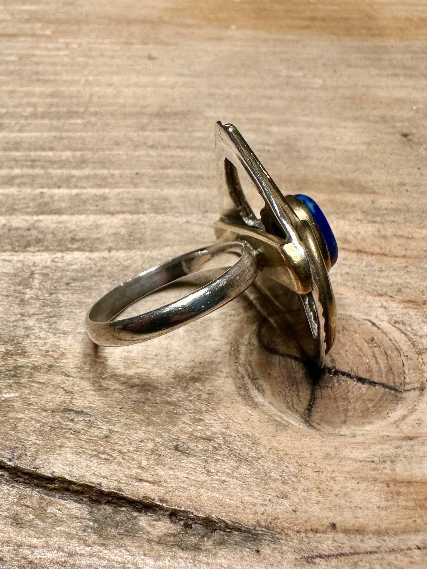 Abstract Square Textured Lapis Gold on 925 Silver Size Q Ring