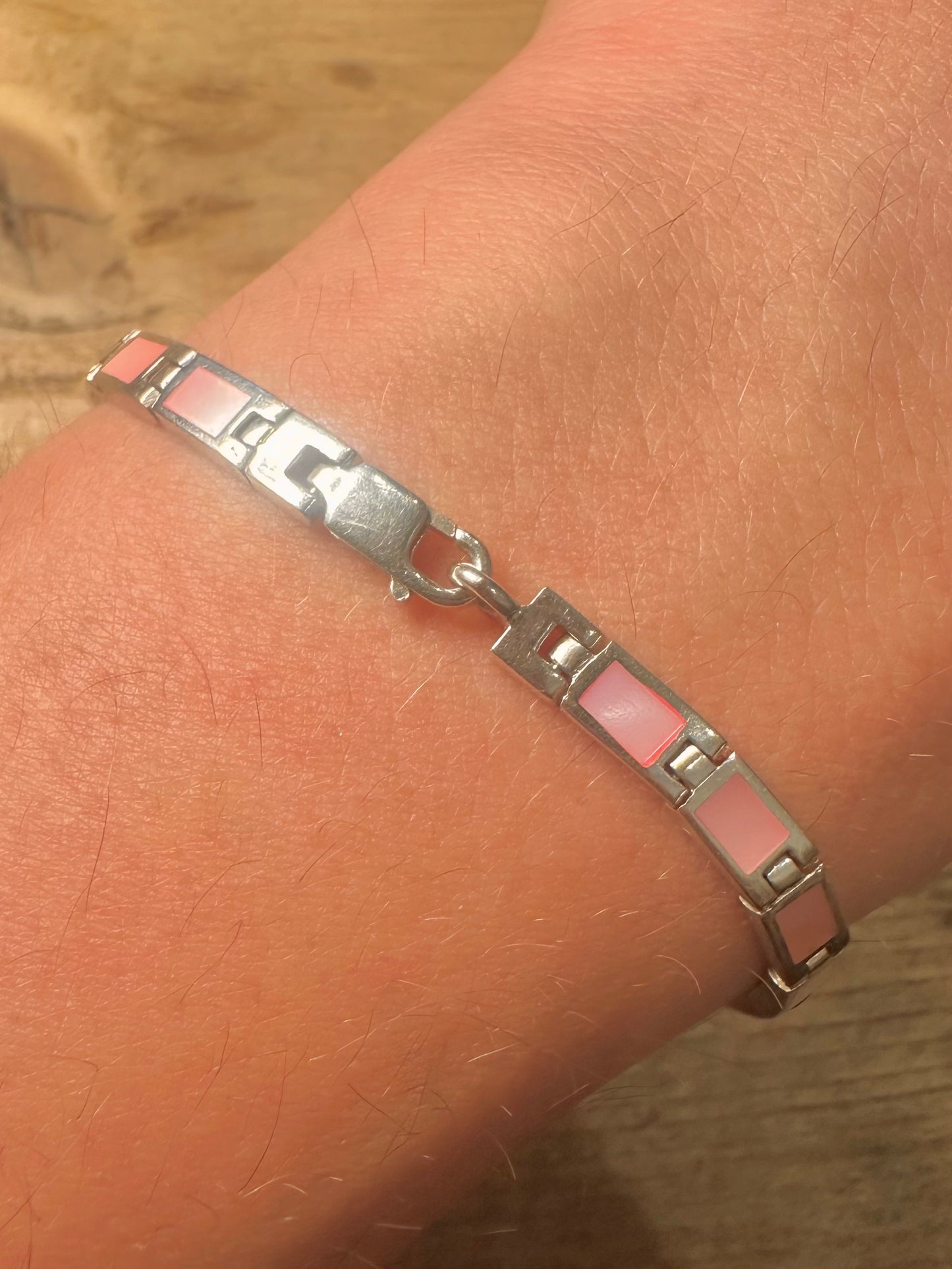 Abstract Pink Mother of Pearl Rectangle 925 Silver 7.5 inch Bracelet