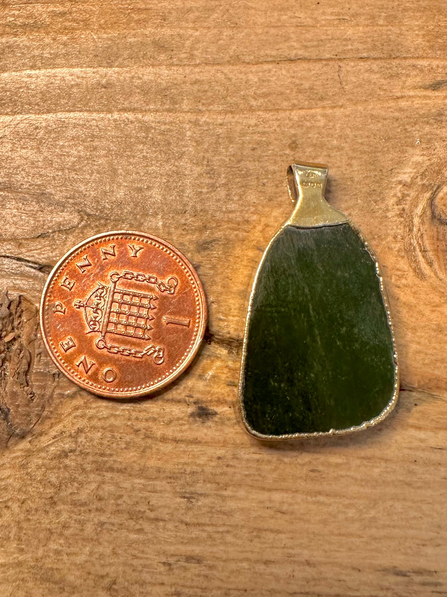 Abstract 1982 Nephrite Green Gold on 925 Silver Pendant