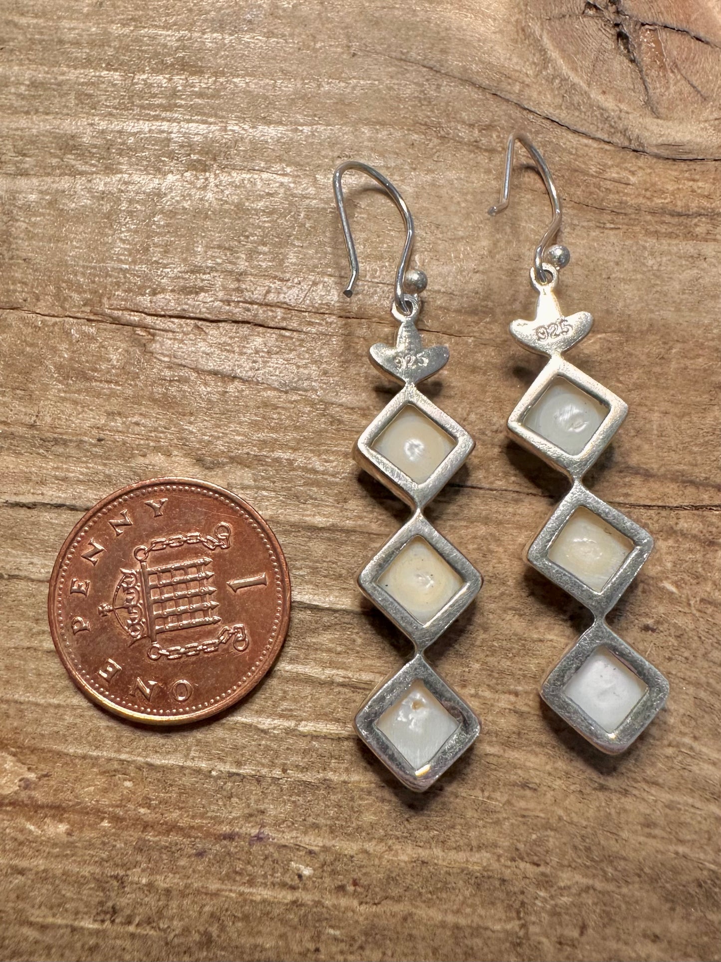 Vintage Pearl Diamond Shaped Dangle 925 Silver Earrings