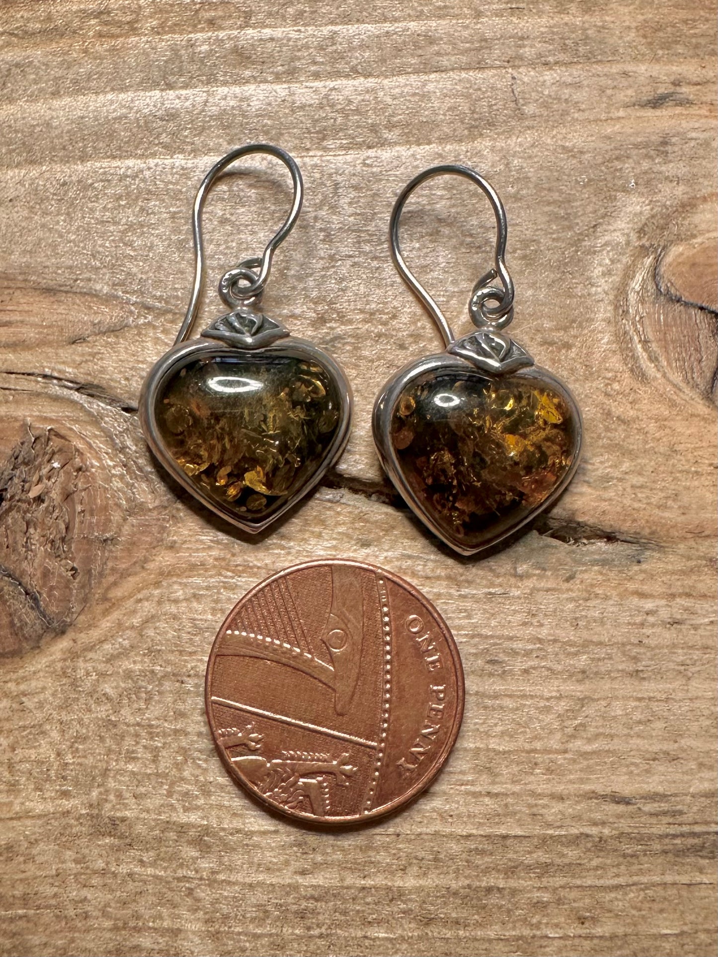 Vintage Green Amber Heart 925 Silver Earrings