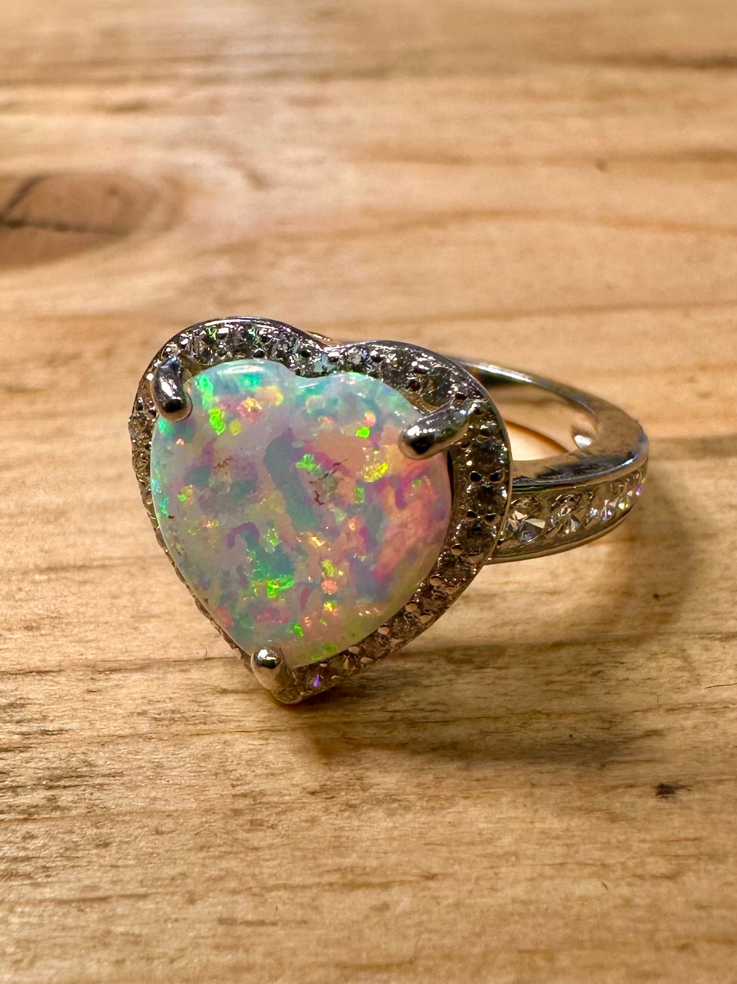 Modern Opal Heart CZ Stone 925 Silver Size J Ring