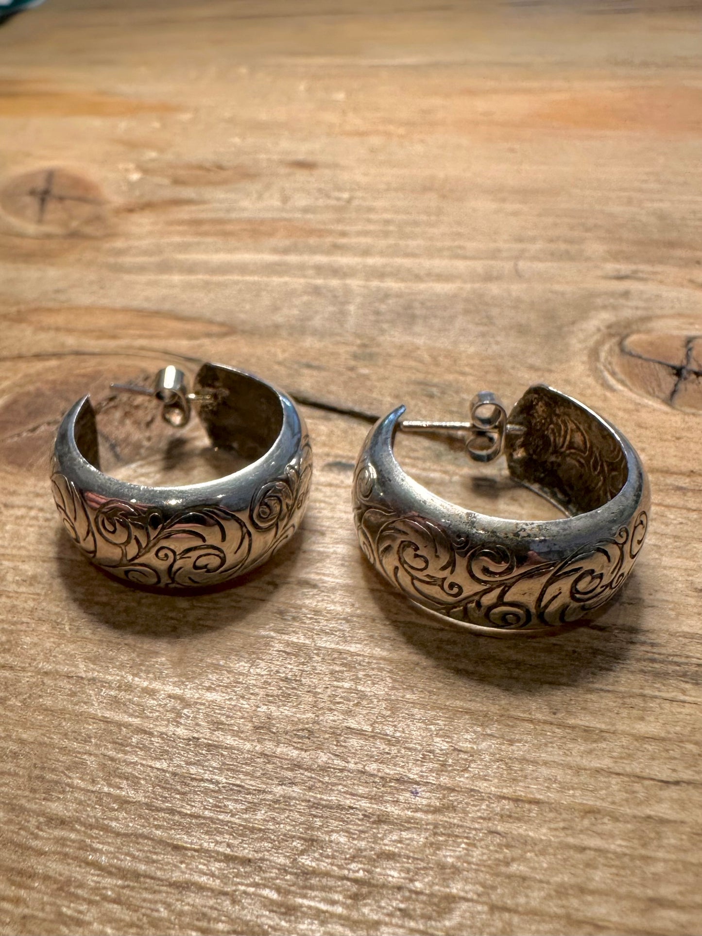 Vintage Chunky Engraved Hoops 925 Silver Earrings
