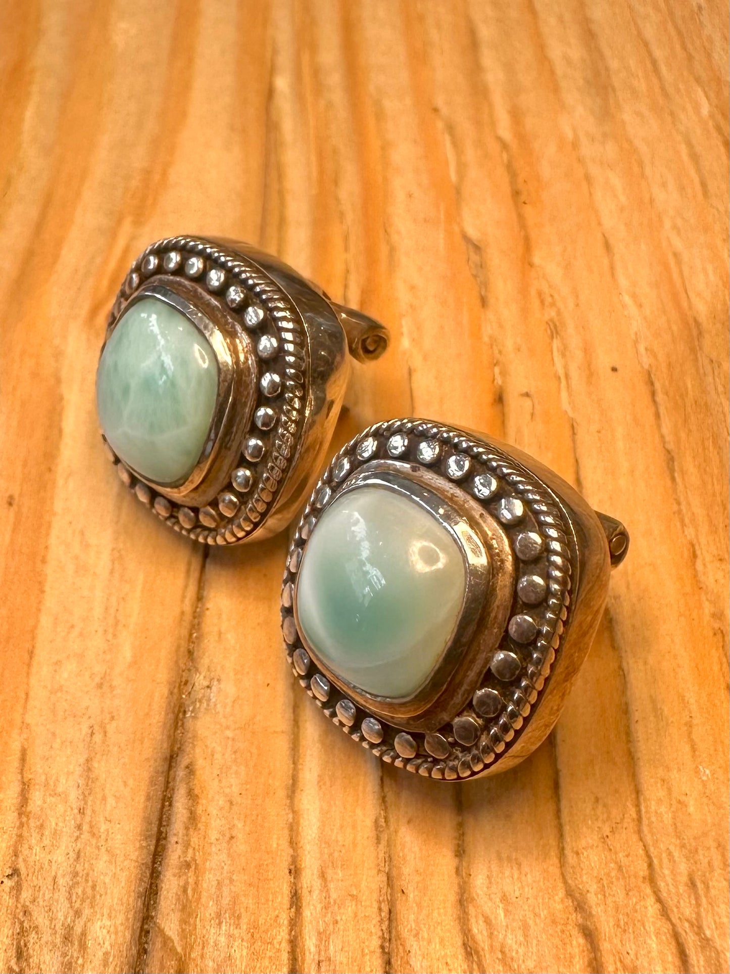 Vintage Chunky Larimar Stud 925 Sterling Silver Earrings