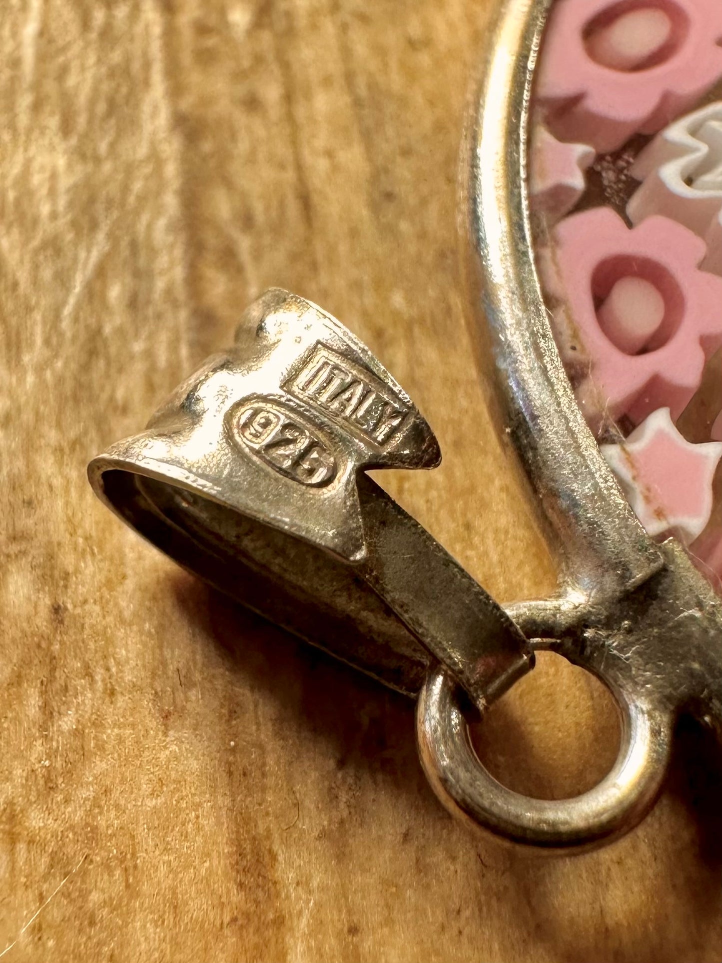 Anhänger aus Vintage rosa Murano-Glas mit Millefiori-Muster und 925er Sterlingsilber