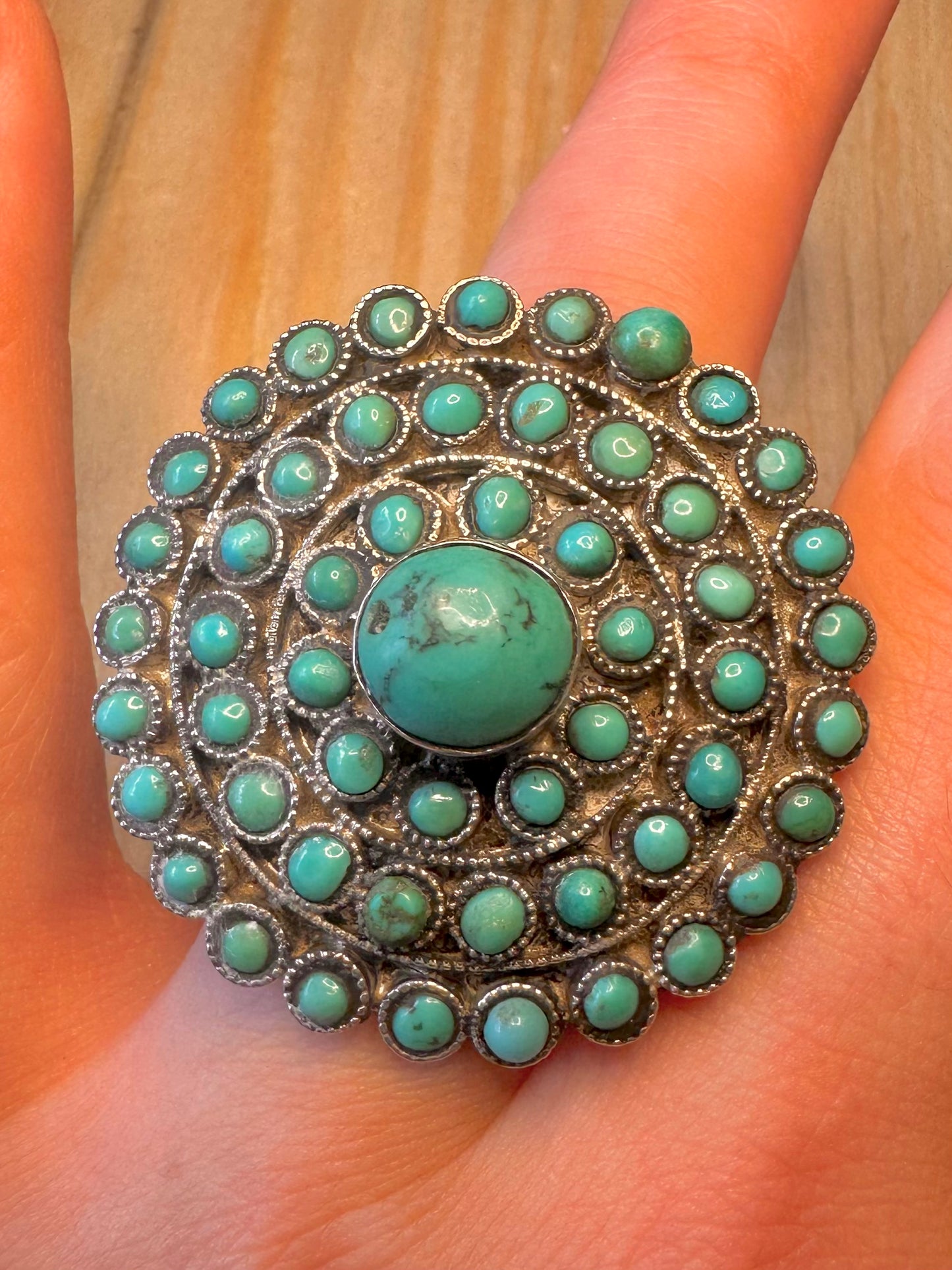 Vintage Turquoise Circle Cluster 925 Sterling Silver Adjustable Size N Ring