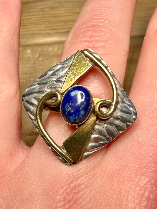 Abstract Square Textured Lapis Gold on 925 Silver Size Q Ring